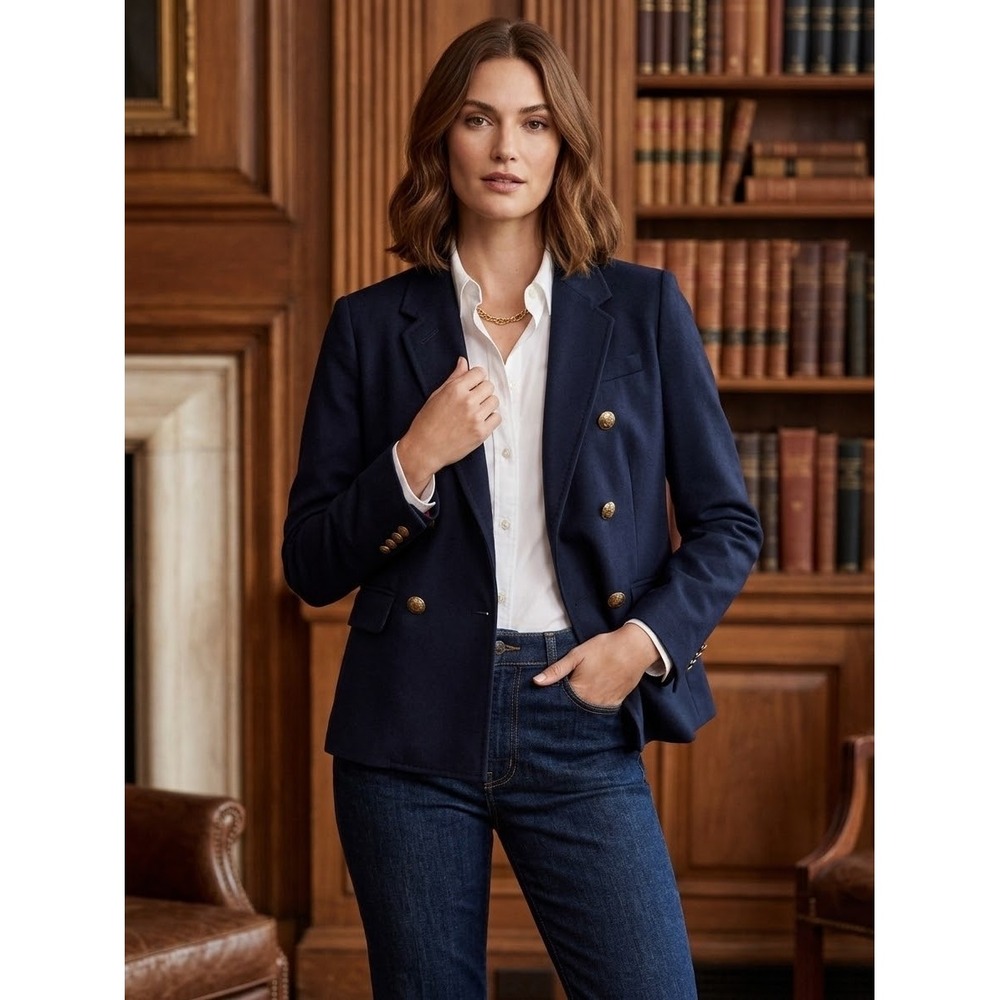 J.Crew Navy Blue Wool Double Breasted Blazer Gold Crest Buttons 54046 Womens 2